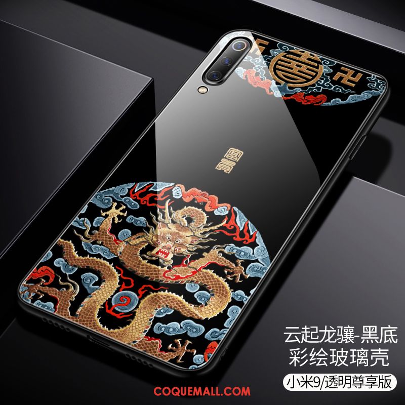 Étui Xiaomi Mi 9 Créatif Style Chinois Noir, Coque Xiaomi Mi 9 Incassable Modèle Fleurie Beige