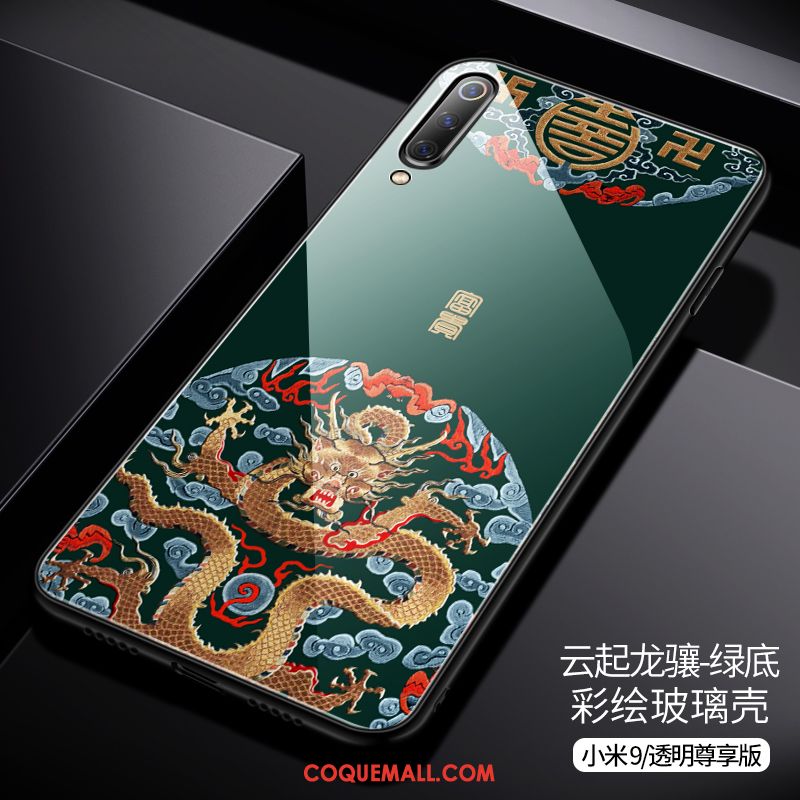 Étui Xiaomi Mi 9 Créatif Style Chinois Noir, Coque Xiaomi Mi 9 Incassable Modèle Fleurie Beige