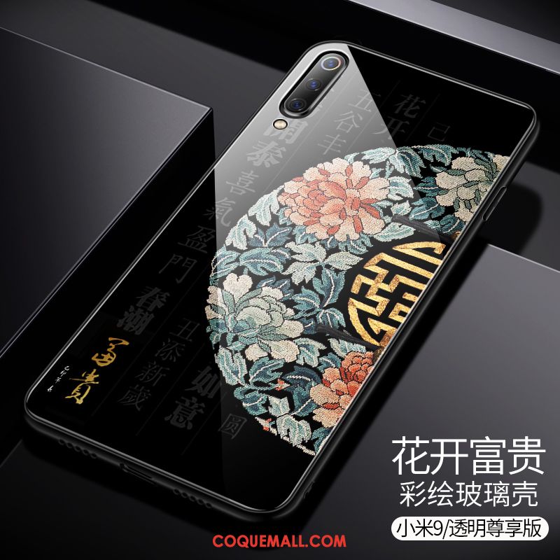 Étui Xiaomi Mi 9 Créatif Style Chinois Noir, Coque Xiaomi Mi 9 Incassable Modèle Fleurie Beige