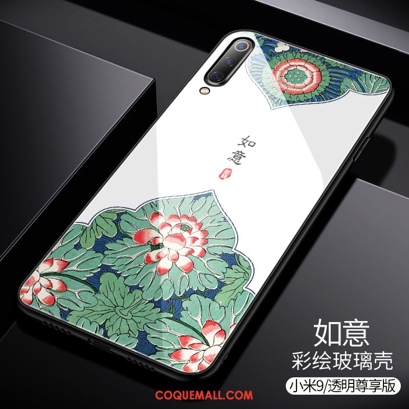 Étui Xiaomi Mi 9 Créatif Style Chinois Noir, Coque Xiaomi Mi 9 Incassable Modèle Fleurie Beige