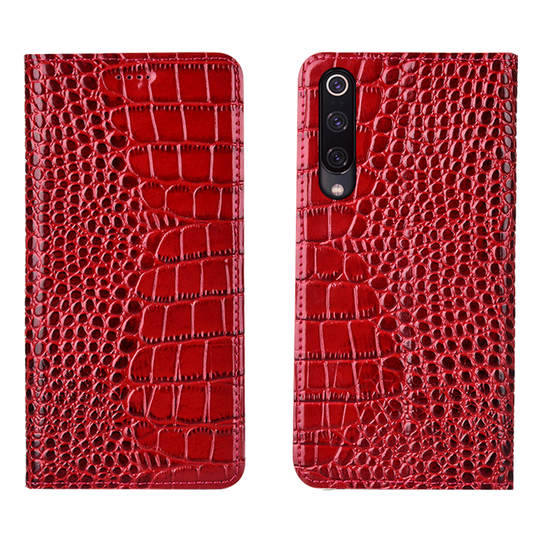 Étui Xiaomi Mi 9 Cuir Véritable Rouge Petit, Coque Xiaomi Mi 9 Crocodile Protection Beige