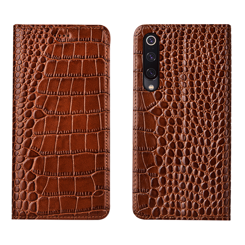 Étui Xiaomi Mi 9 Cuir Véritable Rouge Petit, Coque Xiaomi Mi 9 Crocodile Protection Beige