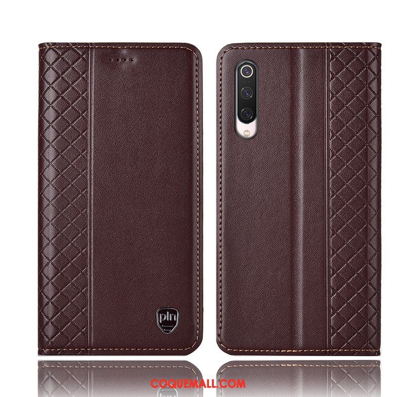 Étui Xiaomi Mi 9 Lite Noir Téléphone Portable Plaid, Coque Xiaomi Mi 9 Lite Cuir Véritable Petit Beige