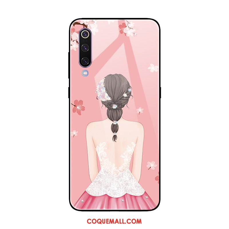 Étui Xiaomi Mi 9 Se Petit Verre Trempé Yarn, Coque Xiaomi Mi 9 Se Miroir Rose Beige