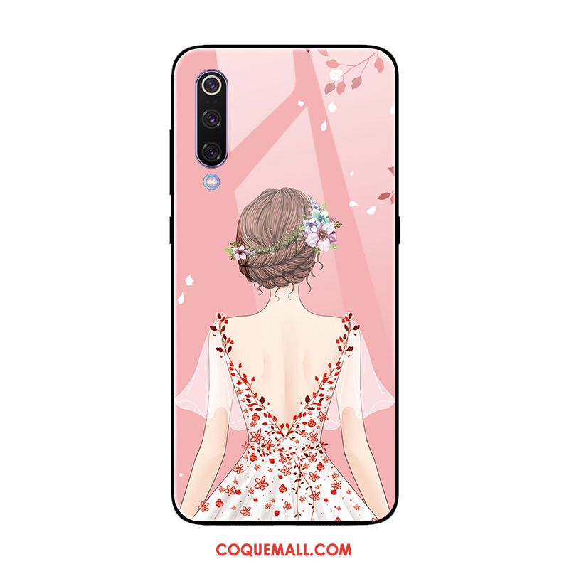 Étui Xiaomi Mi 9 Se Petit Verre Trempé Yarn, Coque Xiaomi Mi 9 Se Miroir Rose Beige