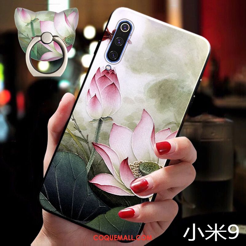 Étui Xiaomi Mi 9 Très Mince Fleur Incassable, Coque Xiaomi Mi 9 Bordure Vintage Beige