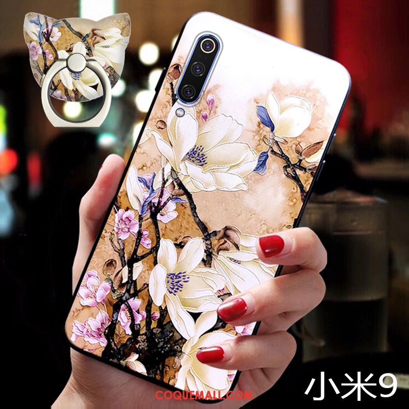 Étui Xiaomi Mi 9 Très Mince Fleur Incassable, Coque Xiaomi Mi 9 Bordure Vintage Beige