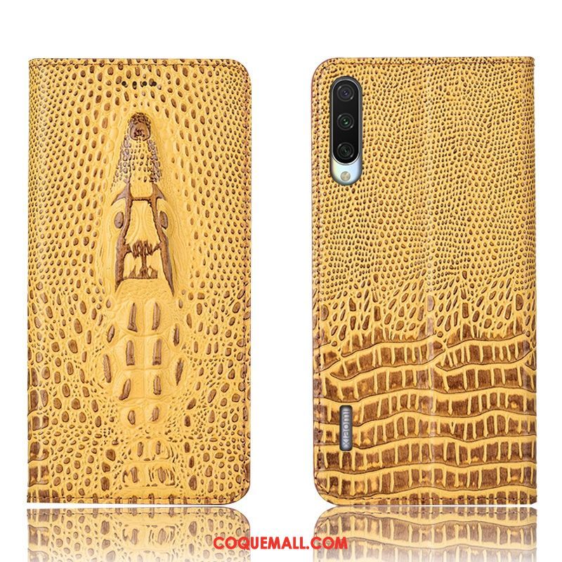 Étui Xiaomi Mi A3 Jaune Incassable Cuir Véritable, Coque Xiaomi Mi A3 Téléphone Portable Crocodile Beige