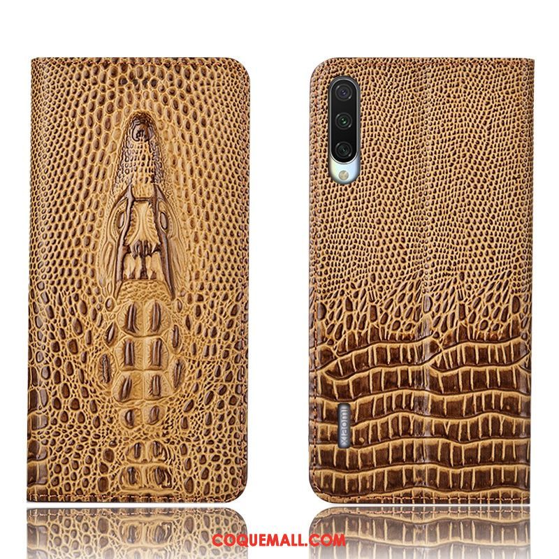 Étui Xiaomi Mi A3 Jaune Incassable Cuir Véritable, Coque Xiaomi Mi A3 Téléphone Portable Crocodile Beige