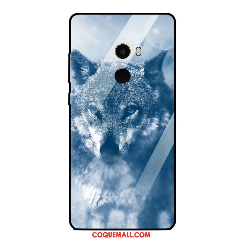 Étui Xiaomi Mi Mix 2 Animal Téléphone Portable Verre Trempé, Coque Xiaomi Mi Mix 2 Loup Bleu Marin Beige