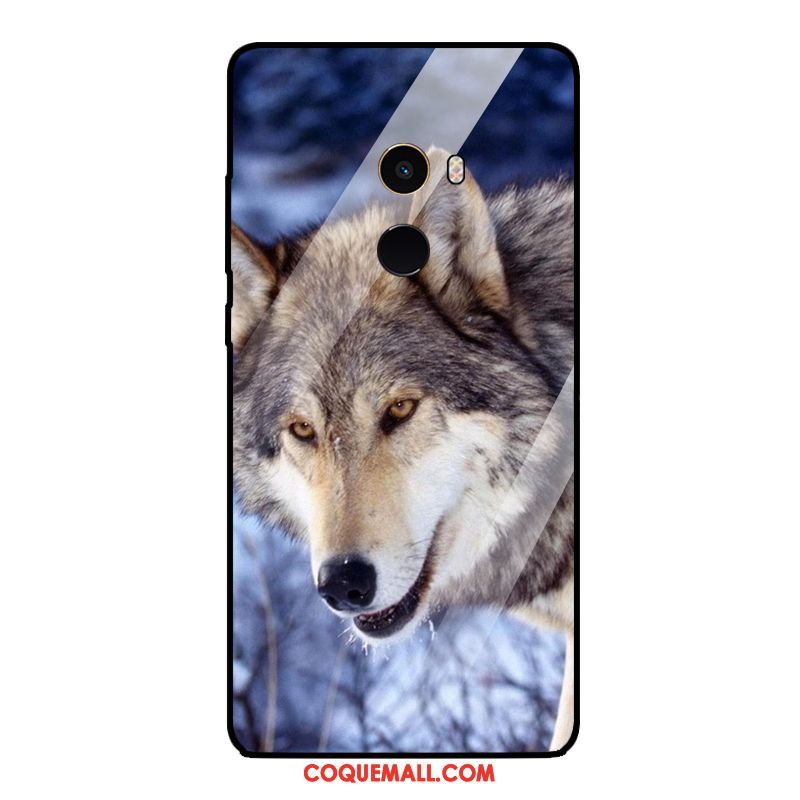 Étui Xiaomi Mi Mix 2 Animal Téléphone Portable Verre Trempé, Coque Xiaomi Mi Mix 2 Loup Bleu Marin Beige