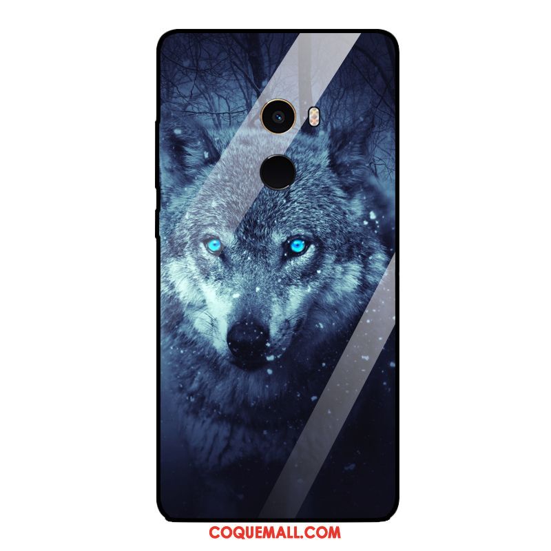 Étui Xiaomi Mi Mix 2 Animal Téléphone Portable Verre Trempé, Coque Xiaomi Mi Mix 2 Loup Bleu Marin Beige