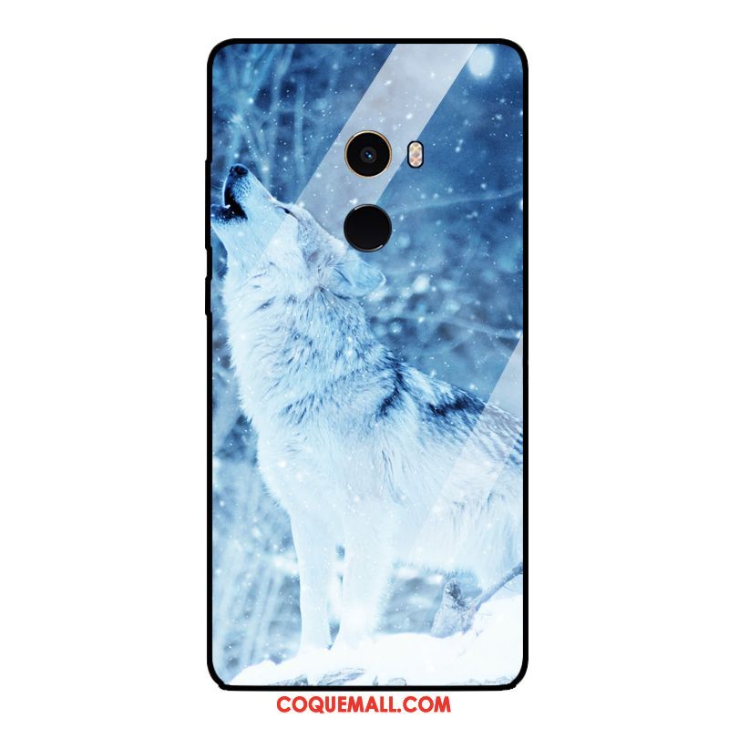 Étui Xiaomi Mi Mix 2 Animal Téléphone Portable Verre Trempé, Coque Xiaomi Mi Mix 2 Loup Bleu Marin Beige