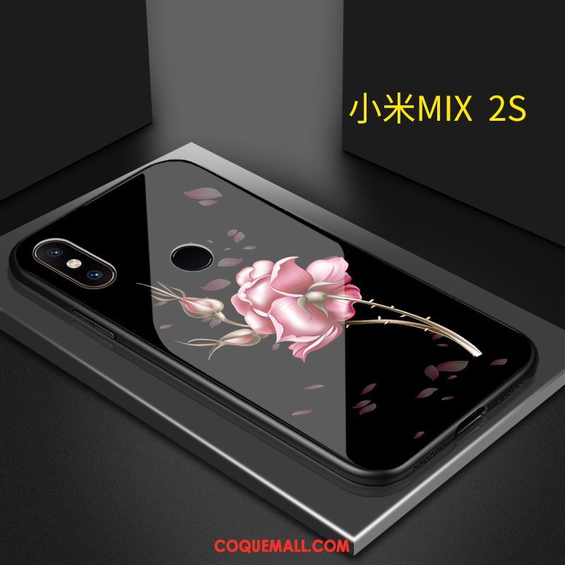 Étui Xiaomi Mi Mix 2s Rouge Verre Art, Coque Xiaomi Mi Mix 2s Noir Fleur Beige