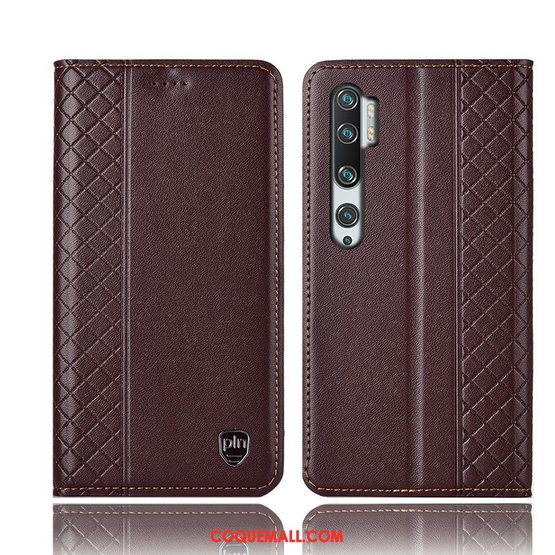 Étui Xiaomi Mi Note 10 En Cuir Protection Petit, Coque Xiaomi Mi Note 10 Tout Compris Plaid Beige