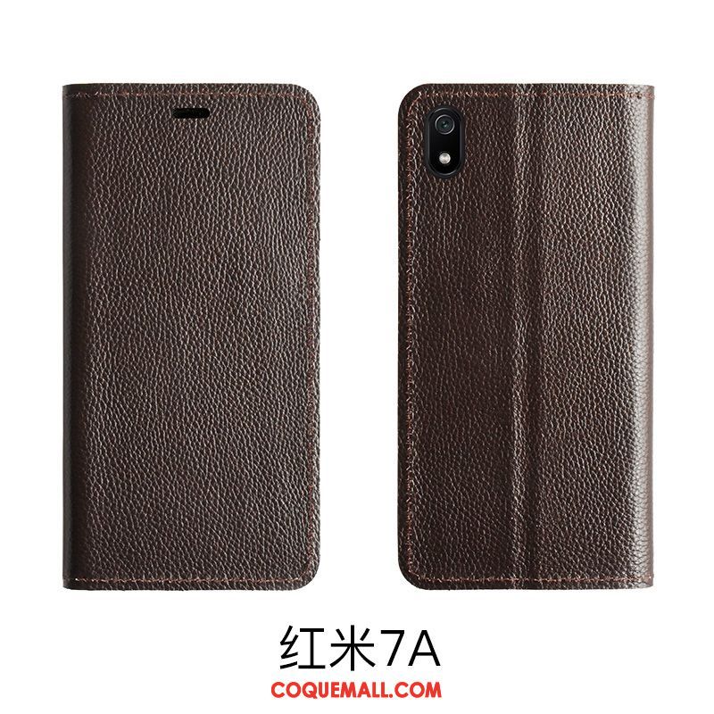 Étui Xiaomi Redmi 7a Protection Rouge Support, Coque Xiaomi Redmi 7a Clamshell Cuir Véritable Braun Beige