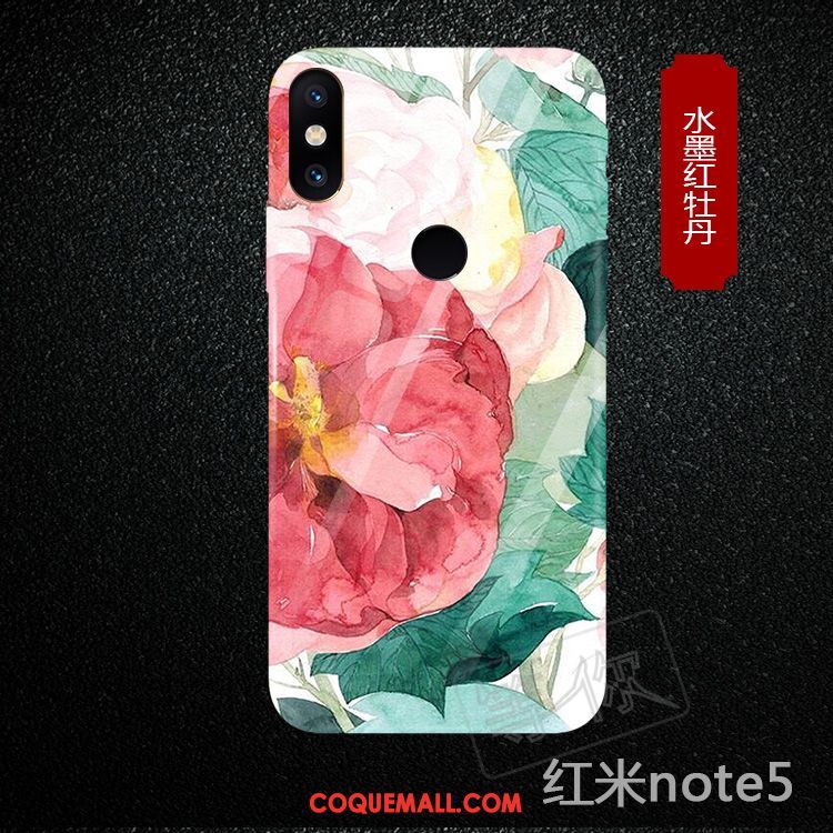 Étui Xiaomi Redmi Note 5 Protection Pivoine Verre Trempé, Coque Xiaomi Redmi Note 5 Petit Rouge Beige