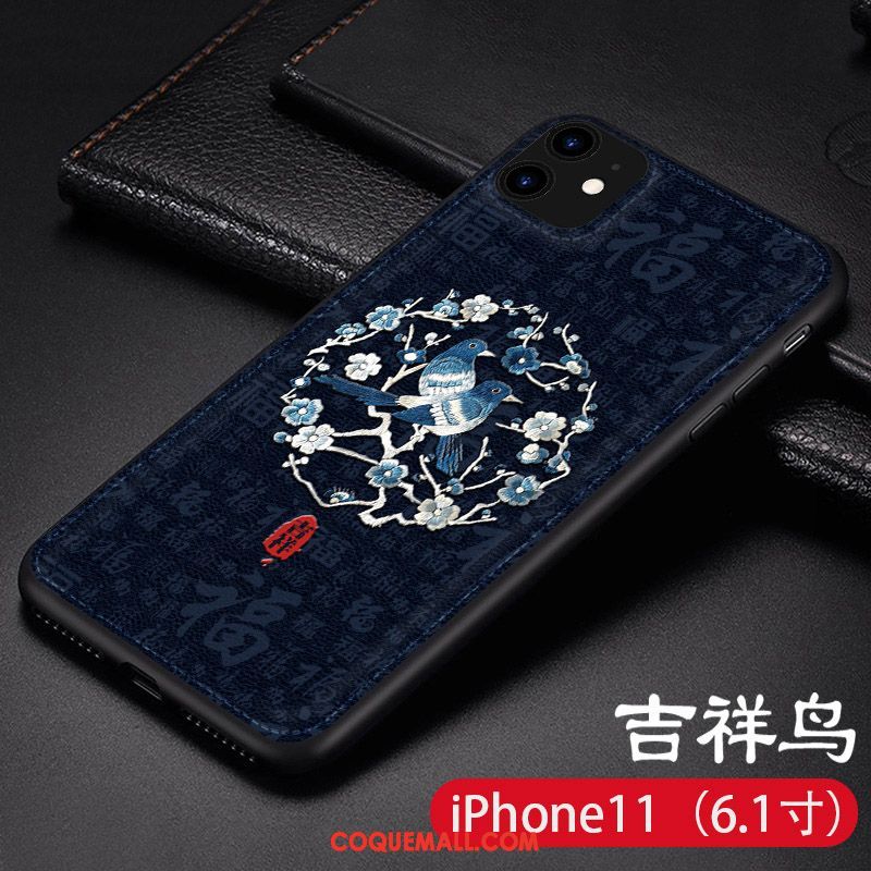 Étui iPhone 11 Style Chinois Cuir Net Rouge, Coque iPhone 11 Très Mince Bleu