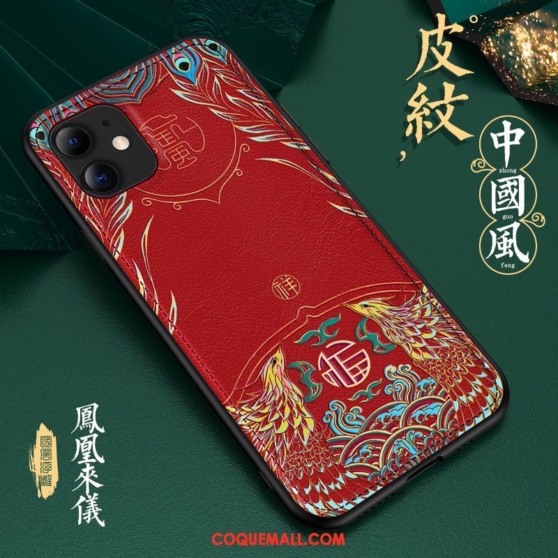 Étui iPhone 11 Tout Compris Cuir Gaufrage, Coque iPhone 11 Net Rouge Luxe