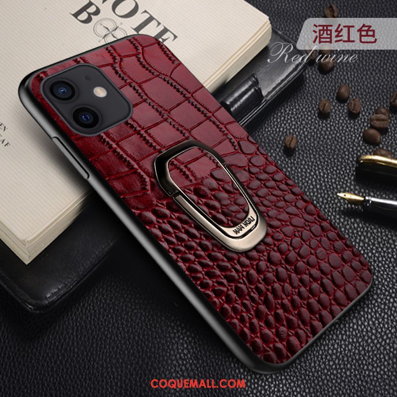 Étui iPhone 12 Business Magnétisme Anneau, Coque iPhone 12 Cuir Véritable Vin Rouge