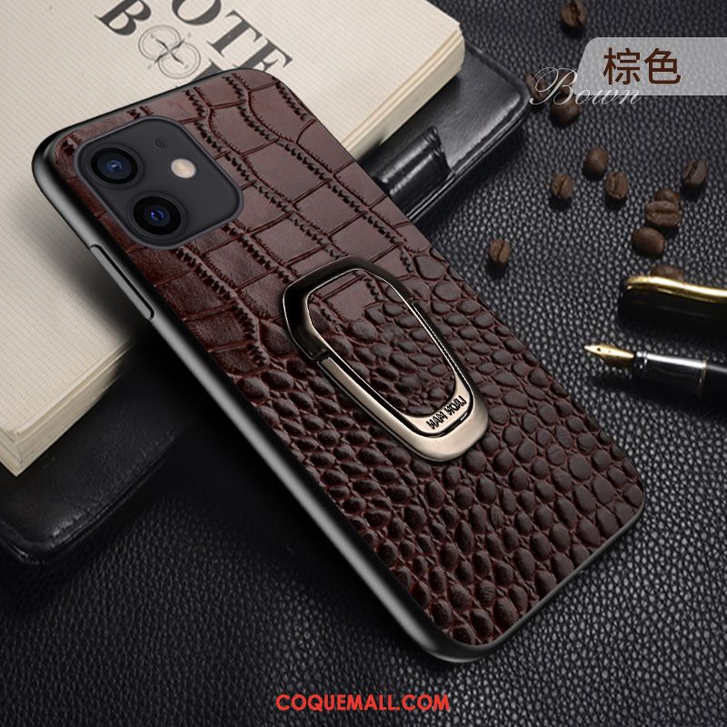 Étui iPhone 12 Business Magnétisme Anneau, Coque iPhone 12 Cuir Véritable Vin Rouge