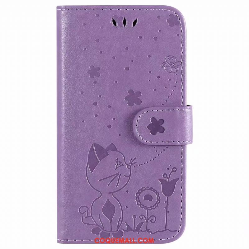 Étui iPhone 12 Chat En Cuir Violet, Coque iPhone 12 Téléphone Portable