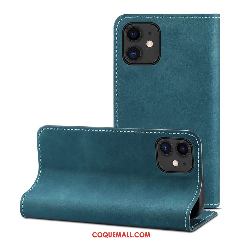 Étui iPhone 12 En Cuir Portefeuille Protection, Coque iPhone 12 Bleu Téléphone Portable