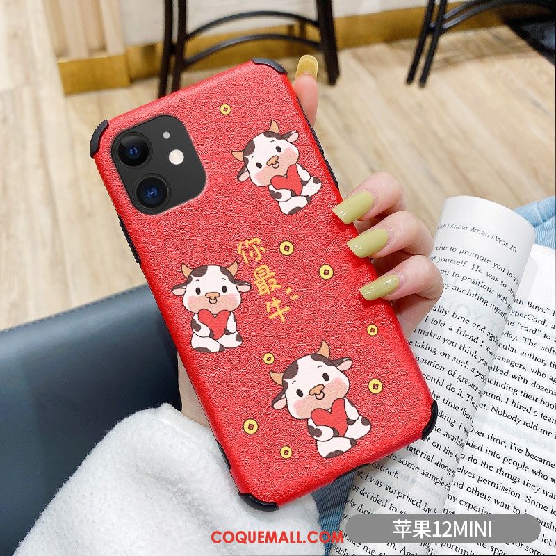 Étui iPhone 12 Mini Dessin Animé Téléphone Portable Modèle Fleurie, Coque iPhone 12 Mini Soie Mulberry Rouge