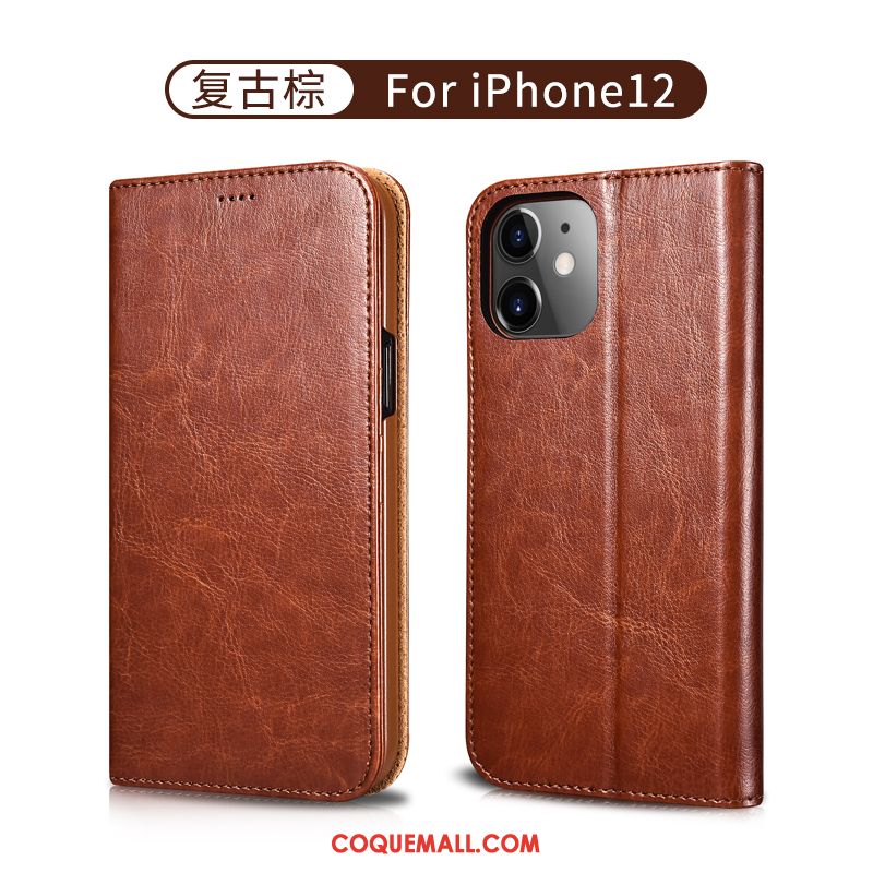 Étui iPhone 12 Protection Portefeuille Incassable, Coque iPhone 12 Tout Compris Cuir Véritable Braun