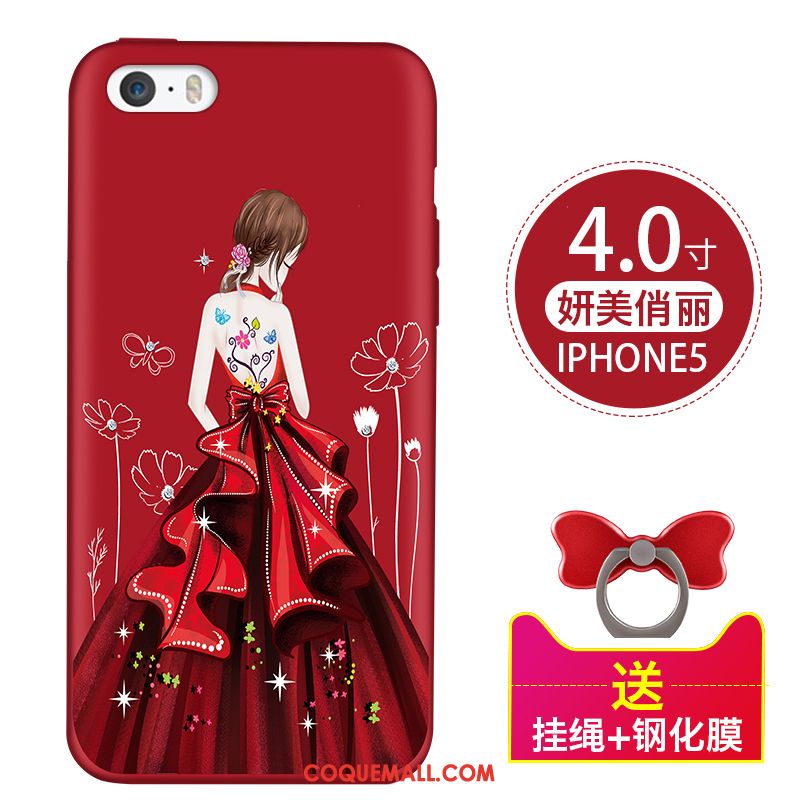 Étui iPhone 5 / 5s Simple Délavé En Daim Rouge, Coque iPhone 5 / 5s Ornements Suspendus Silicone