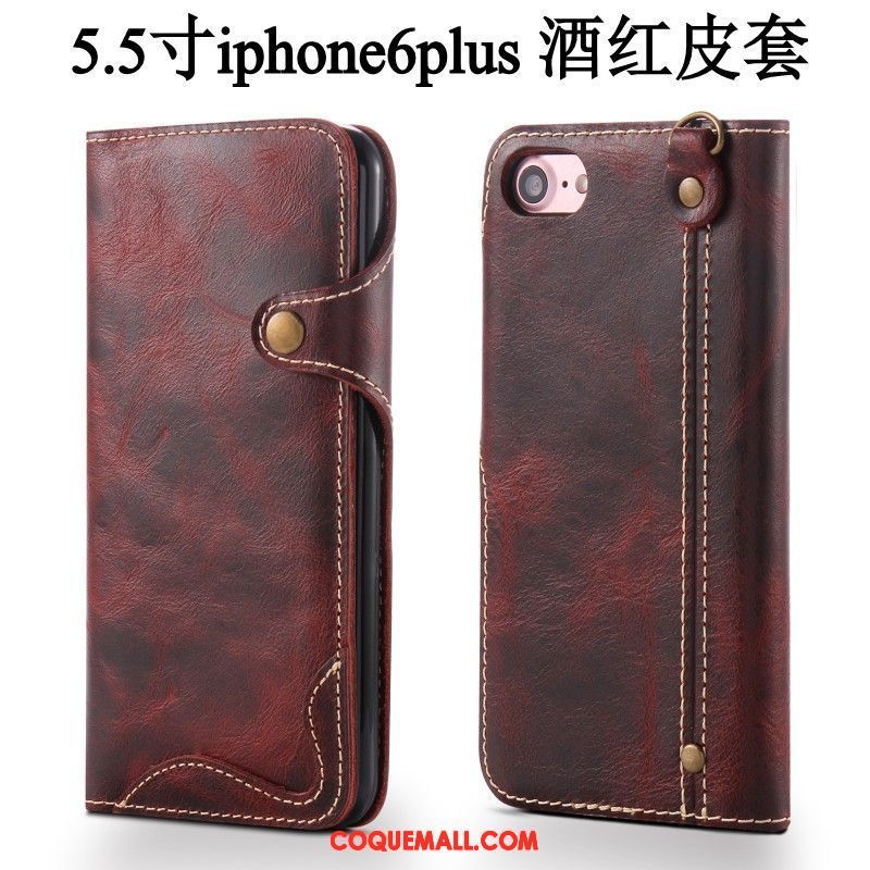 Étui iPhone 6 / 6s Plus Étui En Cuir Cuir Véritable Vintage, Coque iPhone 6 / 6s Plus Vin Rouge Téléphone Portable