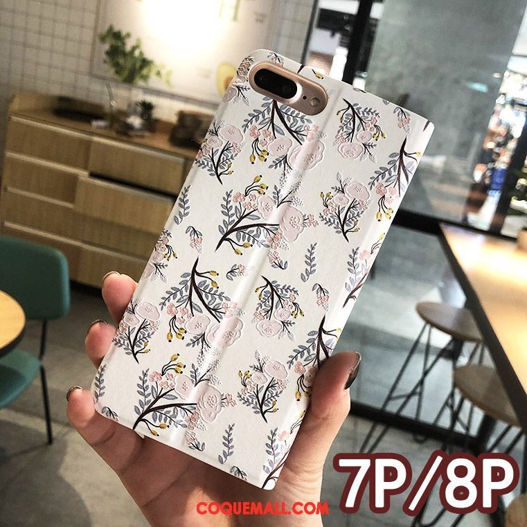 Étui iPhone 7 Plus Floral Téléphone Portable Blanc, Coque iPhone 7 Plus Étui En Cuir Créatif