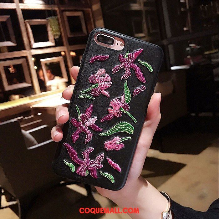 Étui iPhone 7 Plus Marque De Tendance Broderie Fleur, Coque iPhone 7 Plus Étui En Cuir Téléphone Portable