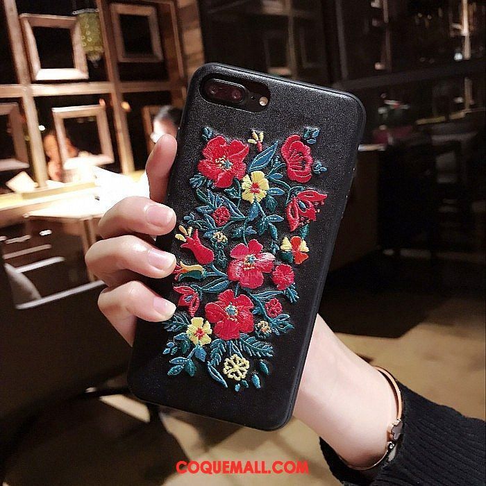 Étui iPhone 7 Plus Marque De Tendance Broderie Fleur, Coque iPhone 7 Plus Étui En Cuir Téléphone Portable