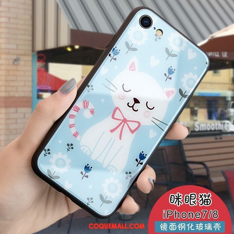 Étui iPhone 8 Chat Téléphone Portable Vert, Coque iPhone 8 Verre Dessin Animé