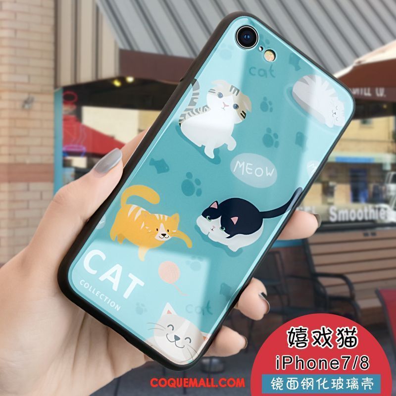 Étui iPhone 8 Chat Téléphone Portable Vert, Coque iPhone 8 Verre Dessin Animé