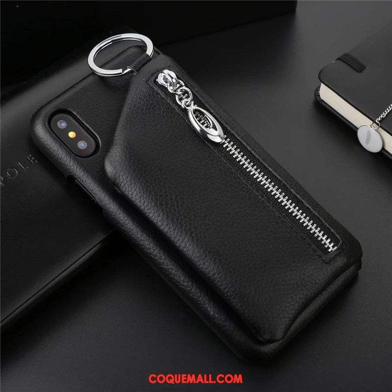 Étui iPhone X Fermeture Éclair Support Cuir Véritable, Coque iPhone X Téléphone Portable Protection