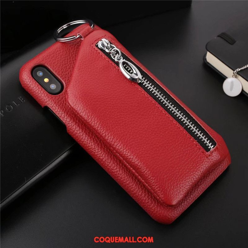 Étui iPhone X Fermeture Éclair Support Cuir Véritable, Coque iPhone X Téléphone Portable Protection