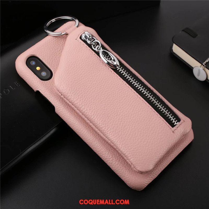 Étui iPhone X Fermeture Éclair Support Cuir Véritable, Coque iPhone X Téléphone Portable Protection