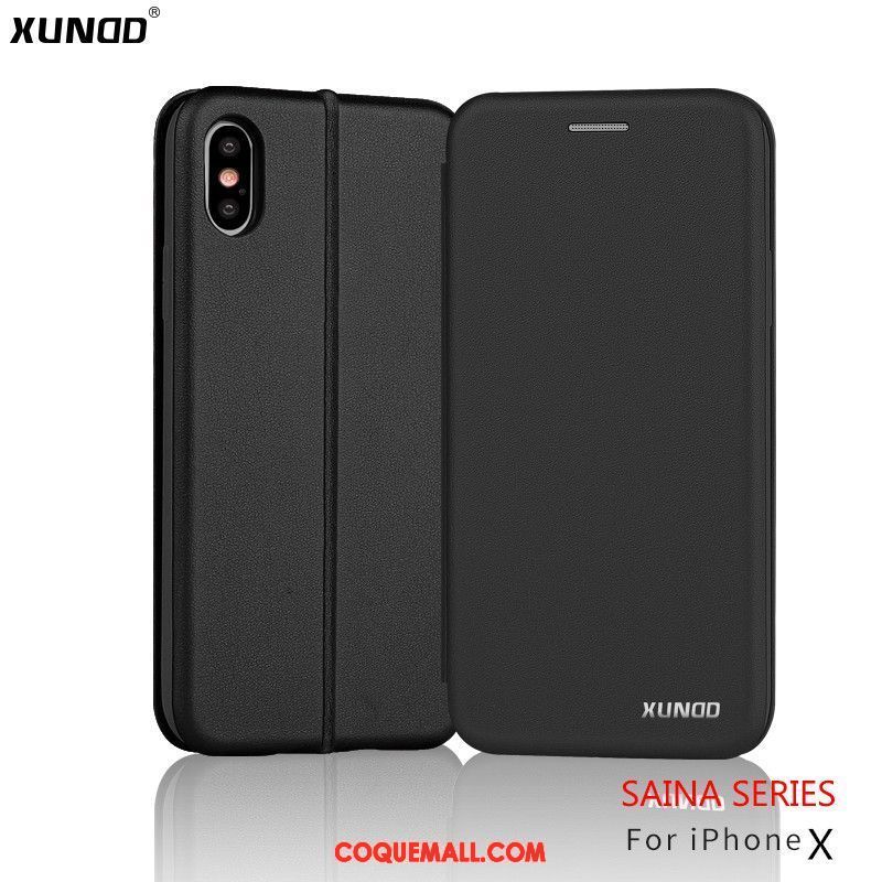 Étui iPhone X Nouveau Cuir Véritable Téléphone Portable, Coque iPhone X Étui En Cuir Noir