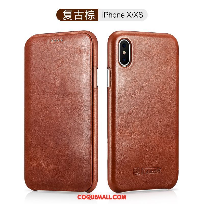 Étui iPhone Xs Incassable Cuir Qualité, Coque iPhone Xs Cuir Véritable Protection Braun