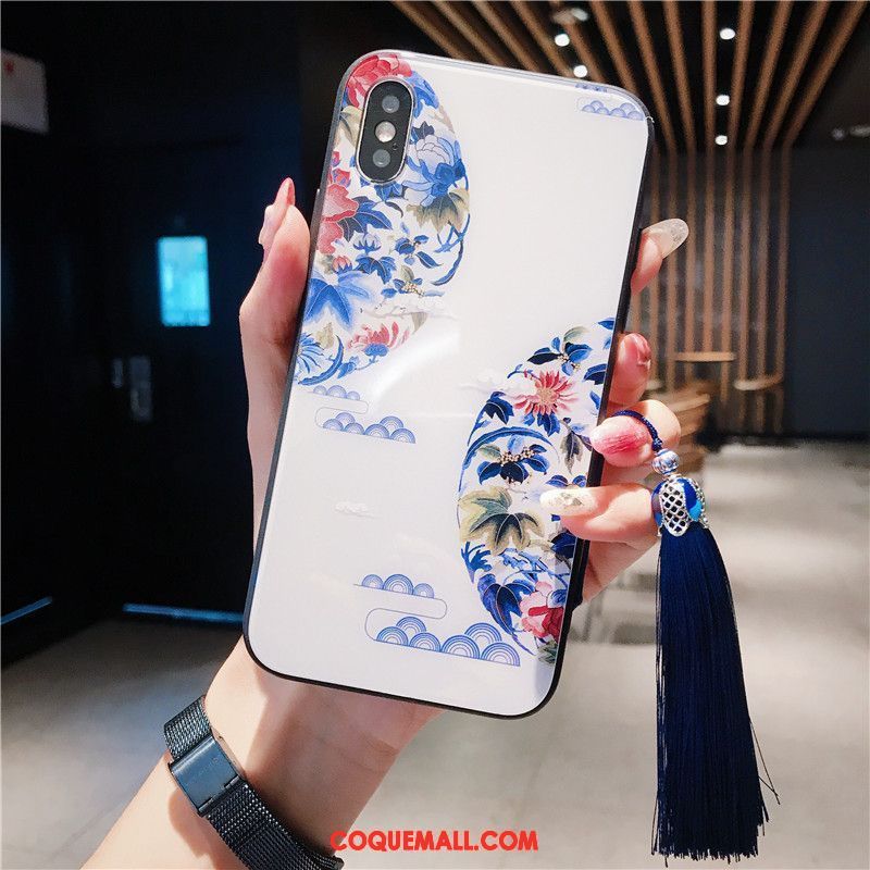 Étui iPhone Xs Max Style Chinois Fleur Rose, Coque iPhone Xs Max Bleu Verre
