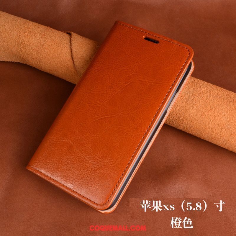 Étui iPhone Xs Orange Cuir Véritable Protection, Coque iPhone Xs Tout Compris Téléphone Portable