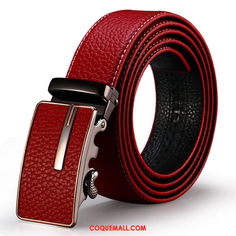 Ceinture Homme Pure Cuir De Vache Rouge, Ceinture Boucle Automatique Cuir Véritable