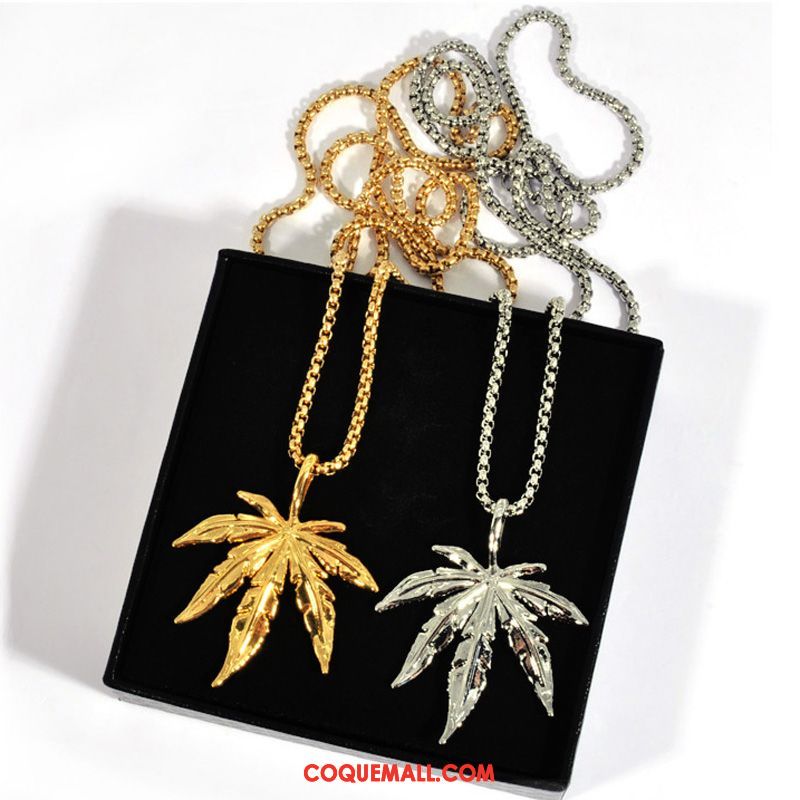 Collier Femme Tendance Pendentif Hip Hop, Collier Feuilles Argenté