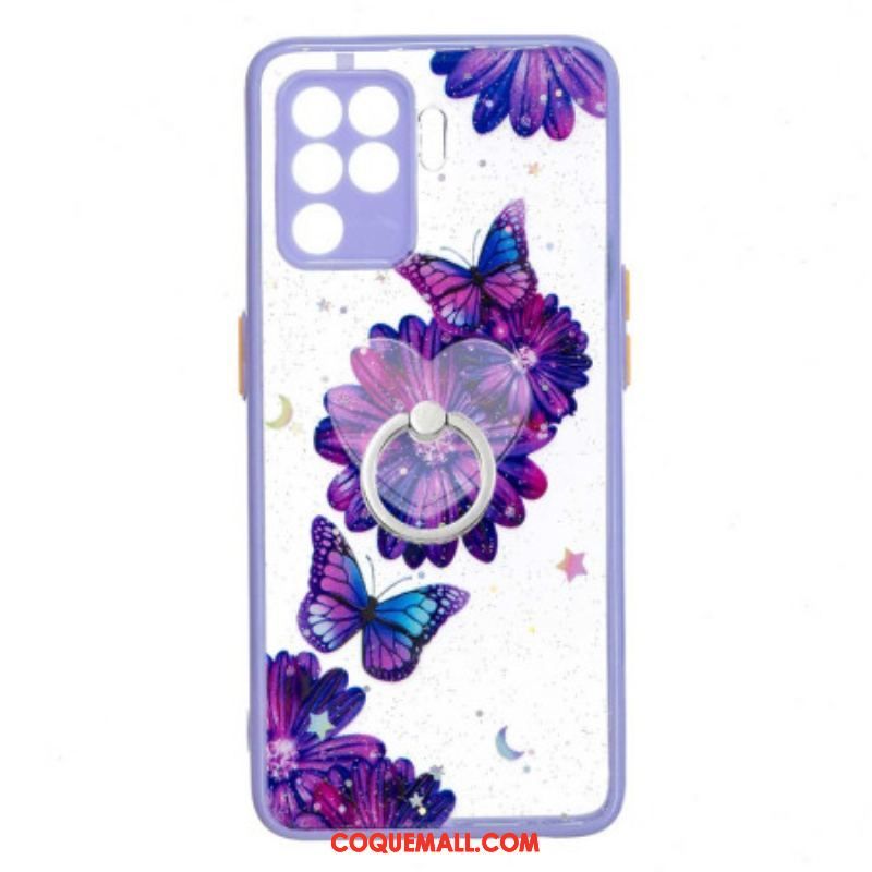 Coque Oppo A94 5G Papillon Fleur Violet avec Anneau