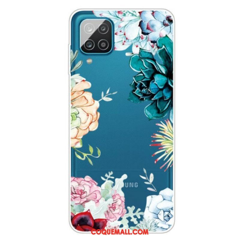 Coque Samsung Galaxy A12 / M12 Transparente Fleurs Aquarelle