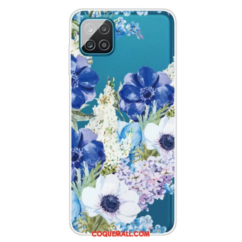 Coque Samsung Galaxy A12 / M12 Transparente Fleurs Bleues Aquarelle