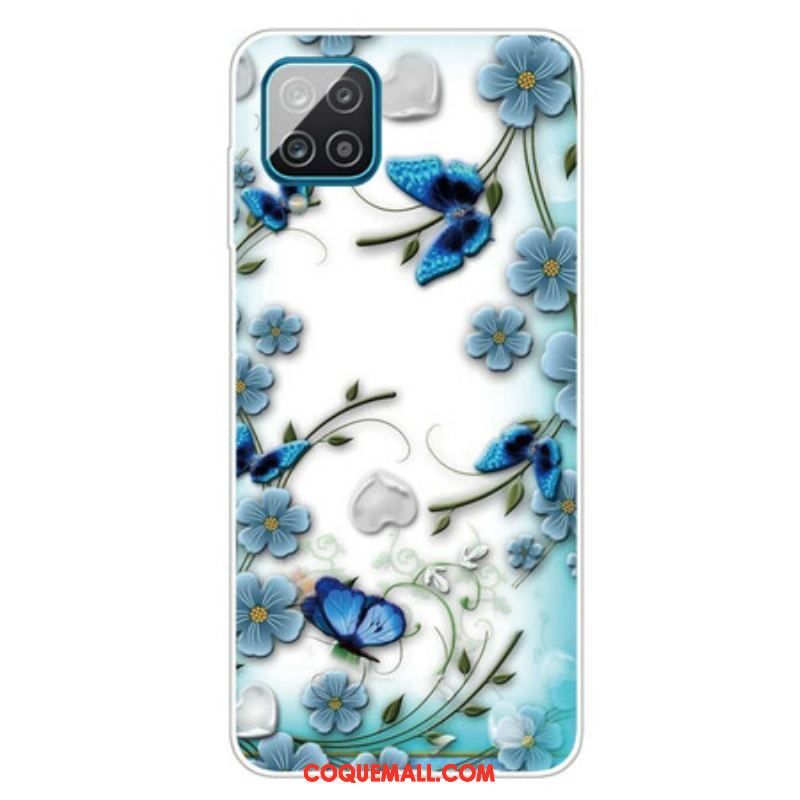 Coque Samsung Galaxy A12 / M12 Transparente Papillons et Fleurs Rétros