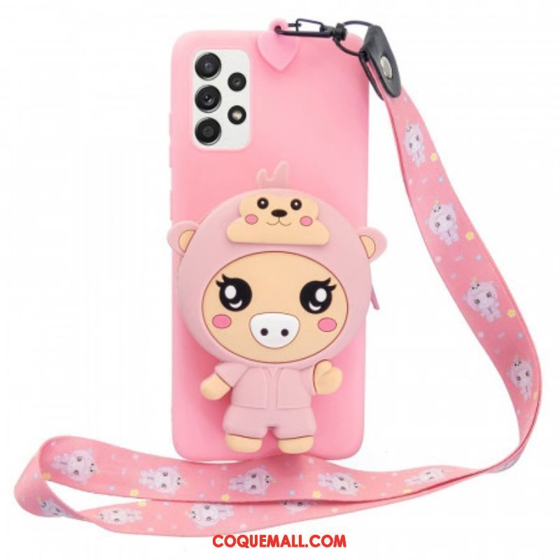 Coque Samsung Galaxy A53 5G Cochon 3D avec lanière Mousqueton